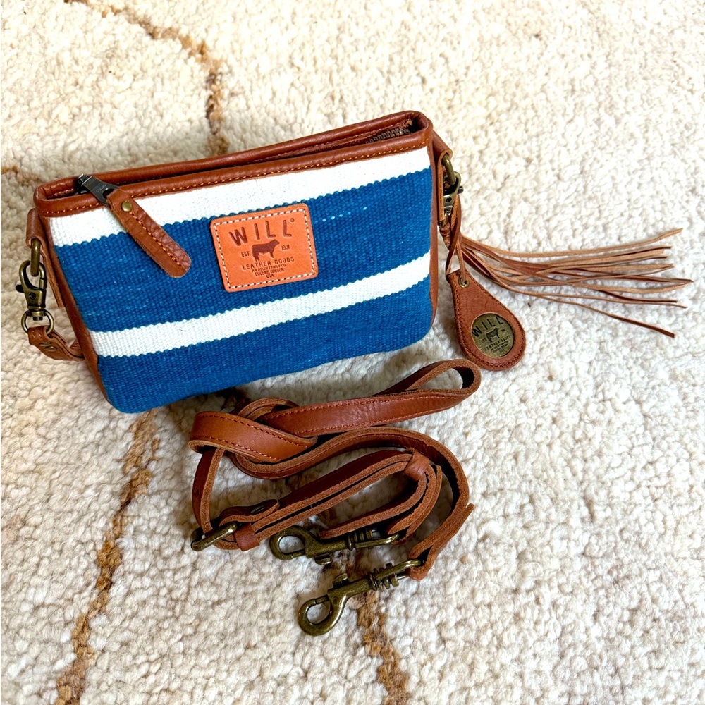 Will Leather Goods Blue and Brown Clutch with Leather Accents